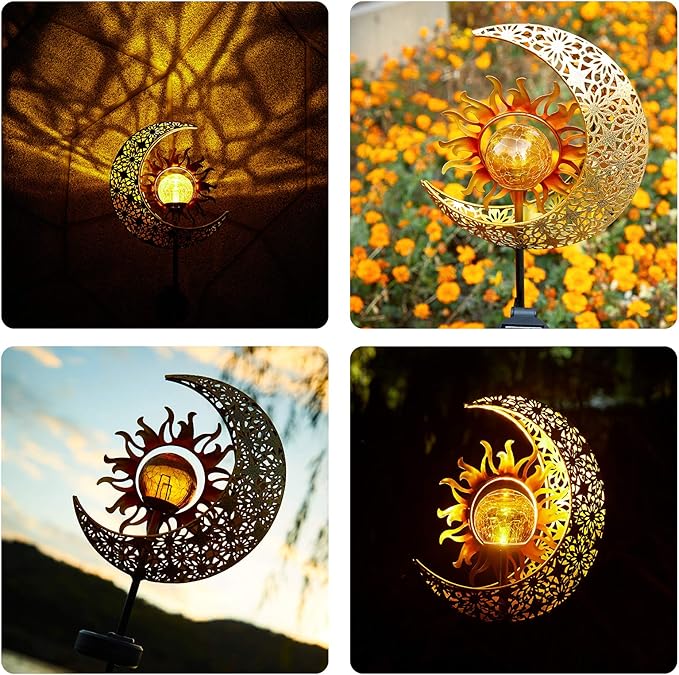 LICKLIP Garden Solar Lights Outdoor Decorative, Sun & Moon Crackle Glass Globe Metal Stake Light, Waterproof Warm White LED Light, Decorations for Pathway Lawn Patio Courtyard Backyard (1 Pack)
