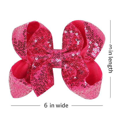 6 Inch Hot Pink Sparkly Glitter Sequin Hair Bows for Girls Toddlers Kids Children Teenage (2PCS)