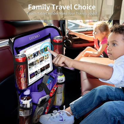 LUCMO Car Backseat Organizer with Touch Screen Tablet Holder-2 Pcs,9 Storage Pockets Car Storage Organizer Protectors Kick Mats Travel Accessories for Kids-Purple