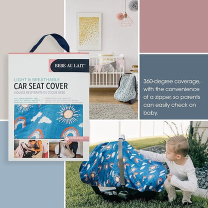 Bebe au Lait Classic Muslin Car Seat Cover -Perfect Baby Car Seat Covers for Babies, Car Seat Canopy, Unisex Baby Car Seat Cover- Easy Snap Straps, Fully Zippered Opening, Breathable- Hello Sunshine