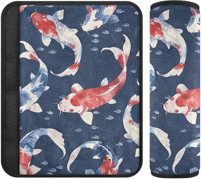 CHIFIGNO 2Pcs Seat Belt Covers Dark Blue and Red Fish Seat Belt Cushion Cover Soft Shoulder Pad Auto Interior Accessories for Car Bag