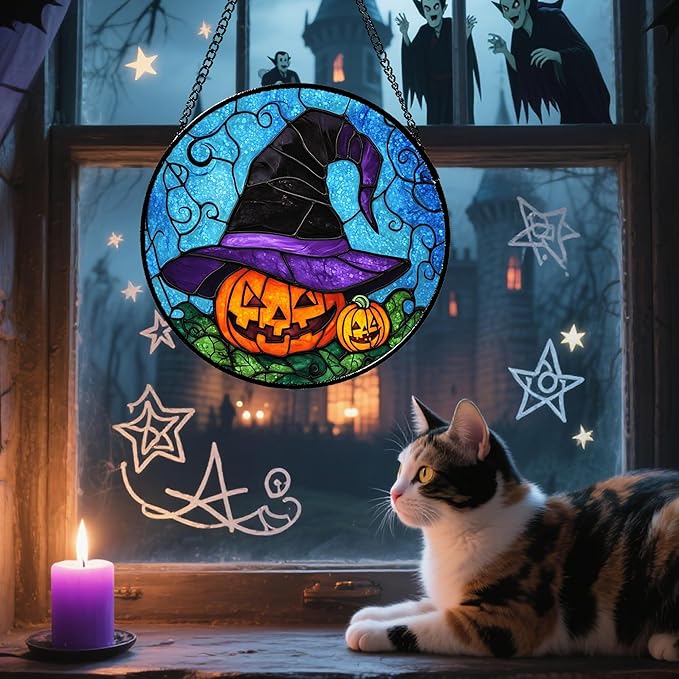 Stained Glass Window Hanging Halloween Horror Pumpkin 6.3" - Suncatcher Door Garden Sunroom Purple Black Witch Hat Sun Catcher Birthday for Friend Mom Men Woman Nana