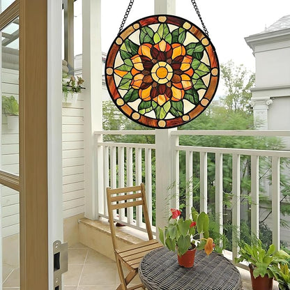 Stained Glass Window Hanging - Yellow Green Boho Style Flowers Sun Catcher for Door Garden Home Decor Suncatcher Christmas Mother's Day Birthday Gifts for Women Mom Girl Nana Friend 9.8 in