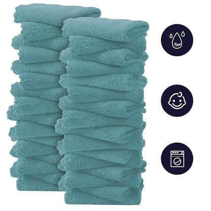 32 Pack Baby Washcloths - Luxury Coral Fleece - Absorbent and Soft Wash Clothes for Newborns, Infants and Toddlers Baby boy and Girl - Suitable for Sensitive Skin and New Born - Teal, 10x10 Inch