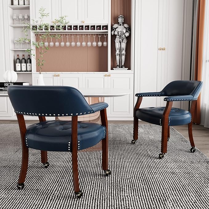 LEEMTORIG Large Dining Chairs with Casters and Arms, Rolling Dining Chairs with Wheels, Solid Wood Boss Caption's Chairs Office Desk Chairs, 26"D x 25.2"W x 31.5"H, Cherry Legs & Blue PU SY-1533-LB