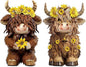 2 Pcs Highland Cow Figurines Decor Cow Gnomes with Sunflower Resin Statue Calf Lovers Gifts for Farmhouse Home Garden Bathroom Kitchen Office Tiered Tray Table Decor
