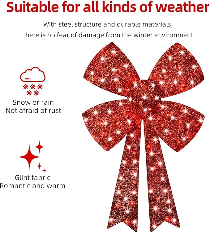 Lighted Giant Christmas Bows Decoration - HOYECHI Lighted Large Outdoor Bows for Wreaths, Outdoor Hanging Christmas Decorations, LED Holiday Yard Décor with 75 Lights - Red
