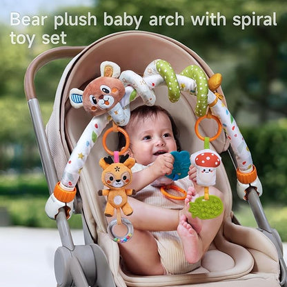 TUMAMA Baby Activity Arch with Bear Spiral Toy, Clips Adjustable and Detachable Sensory Stimulating Hanging Toys Baby Toys 0-3 3-6 Months, Newborn Strollers Bassinets Crib Carseat Toy