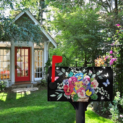 Summer Flower Mailbox Covers Magnetic Pansy Floral Mailbox Post Cover Black Colorful Pansies Butterfly Mail Box Wraps Waterproof for Garden Yard Standard Size 21x18 Inch