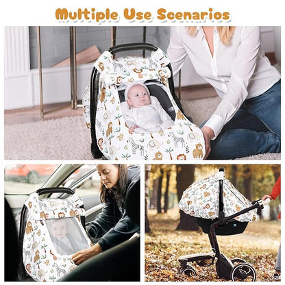 Baby Car Seat Cover, Windproof Carseat Cover for Infant Girls, Infant Warm Carseat Canopy with Double Layer Fabric for Winter, Compatible with Most Baby Car Seat, Animals
