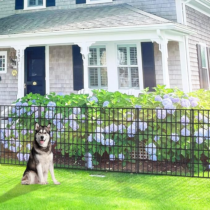 Metal Garden Fence 33.3in (H) x 23.3ft (L), 10 Panels + 11 Stakes Dog Fence Border Fence Animal Barrier, No Dig Garden Fencing for Yard Flower Bed Lawn Patio Outdoor, PIN332810 Black