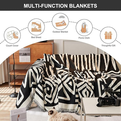 STACYPIK Boho Geometric Sofa Cover Chenille Beige Black Couch Cover for Dog Pet Friendly Couch Protector for 3-4 Cushion Couch Non-Slip Jacquard Sectional Couch Cover Tassels Sofa Slipcover-71x150IN