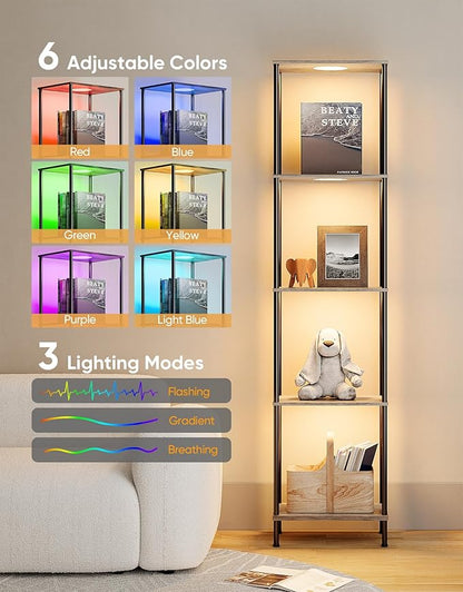 Display Shelf with RGBW Light, Color Changing Curio Cabinet Floor Lamp with Shelves Corner Standing Column Lamp Etagere Organizer Tower Nightstand Bookcase for Living Room Bedroom Office Décor, Gray