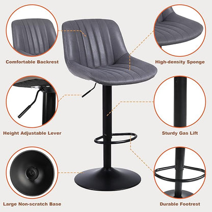 Bar Stools Set of 2, Swivel Counter Height Barstools with Back, Adjustable PU Leather Bar Chairs, Modern Armless Kitchen Island Stool, Dark Grey