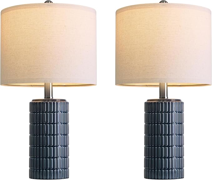 PoKat 20.75" Small Blue Table Lamps, Farmhouse Bedside Lamps for Bedroom Set of 2, Ceramic End Table Lamps for Night Stands Living Room, Modern Nightstand Desk Lamps, Dark Blue