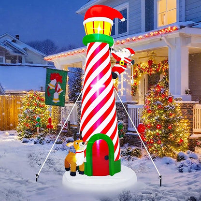 10FT Christmas Inflatable Yard Decoration, Giant Blow Up Lighthouse with Santa and Reindeer with Built-in LED Lights & Drawstring Bags for Yard Lawn Garden Holiday Outdoor Decor