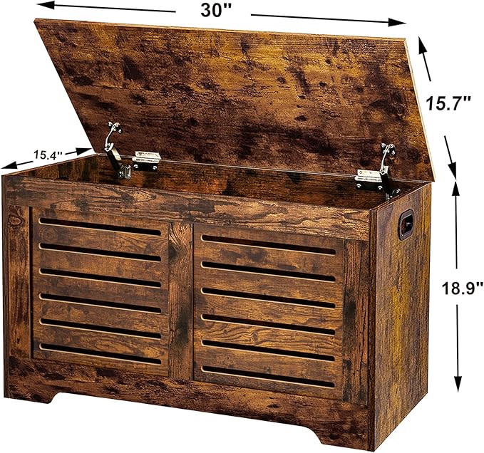DINZI LVJ Storage Chest, Flip-Top Wooden Toy Box with 2 Safety Hinges, Retro Entryway Shoe Bench, Sturdy Large Storage Trunk for Living Room, Bedroom, Toddler Room, Easy Assembly, Rustic Brown