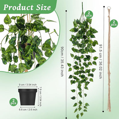 Folmywy 2 Pack Artificial Hanging Plants Vines with Pot Fake Greenery Potted Plant Ivy Leaves Garland Decoration for Shelf Living Room Bedroom Garden Wedding Party Indoor Outdoor