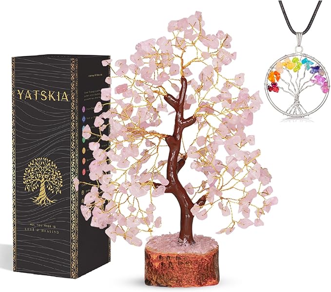 YATSKIA Rose Quartz Tree - Quartz Crystal Tree for Positive Energy - Birthday Gifts for Women - Feng Shui Decor - Gemstone Home Decor - Pink Desk Accessories