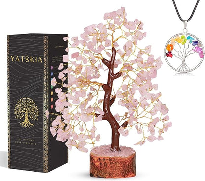 YATSKIA Rose Quartz Tree - Quartz Crystal Tree for Positive Energy - Birthday Gifts for Women - Feng Shui Decor - Gemstone Home Decor - Pink Desk Accessories