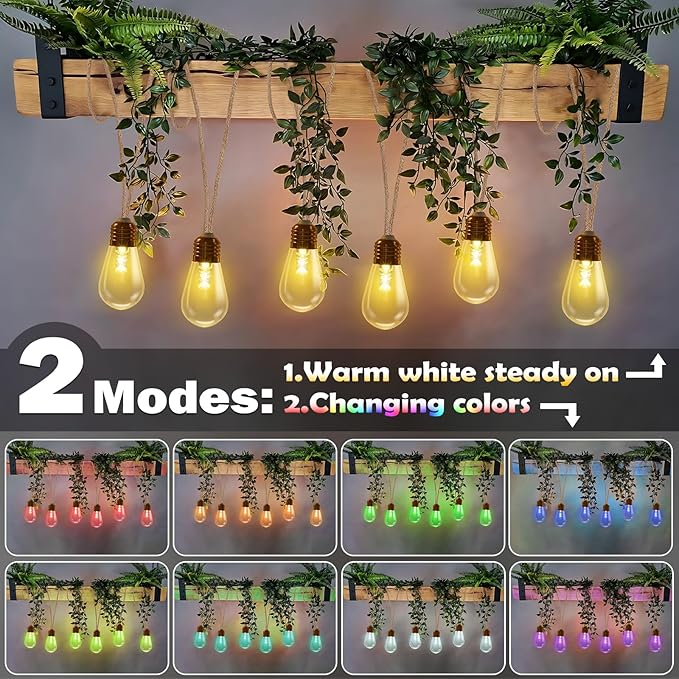 Colors Changing Solar String Lights Outdoor, 20Ft Vintage Rope Hemp Color Change Patio Lights, 16 Waterproof Shatterproof Bulbs Solar Light for Garden Yard Proch Wedding Party - Warm White & RGB