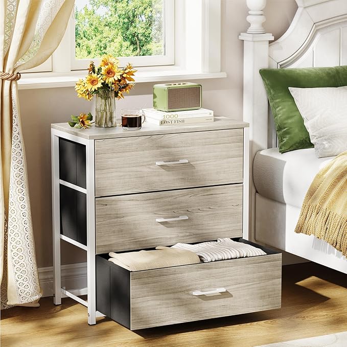 Nightstand, End Table, Bedside Table, Tall Fabric Dresser with 3 Drawer, White Drawers Small Chests of Drawers Organizer Storage Tower with Steel Frame, Wooden Top & Front for Bedroom