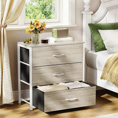 Nightstand, End Table, Bedside Table, Tall Fabric Dresser with 3 Drawer, White Drawers Small Chests of Drawers Organizer Storage Tower with Steel Frame, Wooden Top & Front for Bedroom