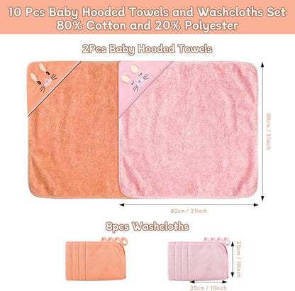 10 PCS Baby Bath Towels, 2 PCS Soft Hooded Towels & 8 PCS Washcloths - Ultra Soft, Super Absorbent, Cute Design for Newborns, Infants & Toddlers - Ideal for Bath, Swimming & Daily Care