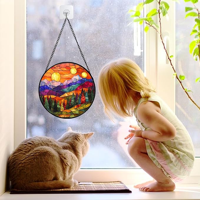 Stained Glass Window Hanging, Sunset Abstract Sun Catchers Colorful Glass Panel Landscape Suncatcher Decor for Birthday for Women, Men, Wife, Aunt, and Mom 6.3 in