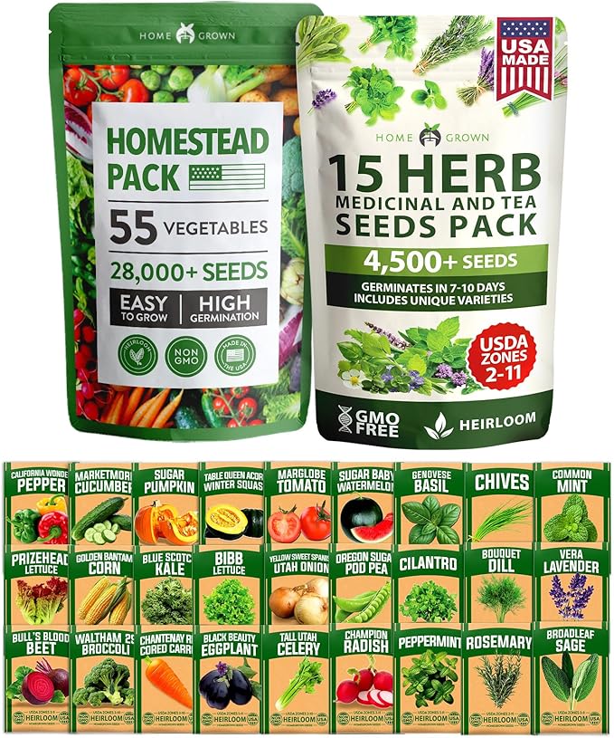 HOME GROWN 70 Variety Vegetable & Herb Seeds – 32,000+ USA Non-GMO Heirloom Survival Seeds –Garden Kit for Spring, Fall, Winter – Indoor & Outdoor Planting – Starter Set for Home Gardeners & Preppers