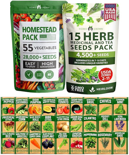 HOME GROWN 70 Variety Vegetable & Herb Seeds – 32,000+ USA Non-GMO Heirloom Survival Seeds –Garden Kit for Spring, Fall, Winter – Indoor & Outdoor Planting – Starter Set for Home Gardeners & Preppers