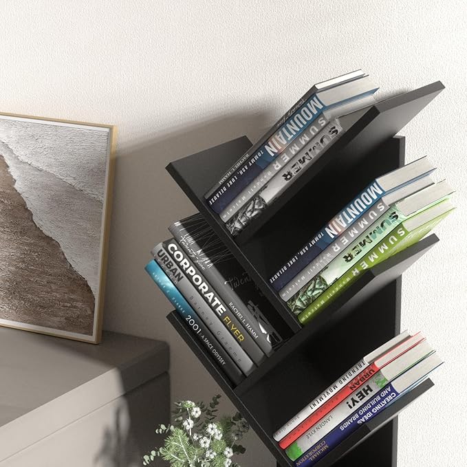 5 Tier Tree Book Shelf, Small Desktop Bookshelf with Storage Organizer, Wood Bookcase, Desk Display Bookshelves, Floor Standing Organizer Bookcases for Living Room,Bedroom,Office-Black
