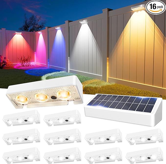 JOFIOS Solar Fence Lights Outdoor, 9 Fixed Colors ＆ Color Changing Fence Lights Solar Powered Waterproof IP65 Dusk-to-Dawn LED Deck Lighting for Patio, Railing, Pool, Porch, Backyard, Wall, 12 Pack