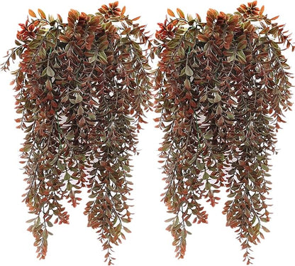 Artificial Hanging Plants Red 4 Pack, Brown Leaves Fake Vines Decoration Plastic Ivy Leaf Rattan Greeny Vine Houseplants for Wedding Indoor Outdoor Home Garden Bedroom Office Wedding Décor