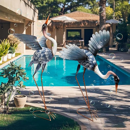 WONDER GARDEN Blue Heron Statue-Garden Statues for Outside - 2 Pack Crane Sculptures Statue, Metal Birds Yard Art for Pond, Patio, Outdoor, Porch Decor
