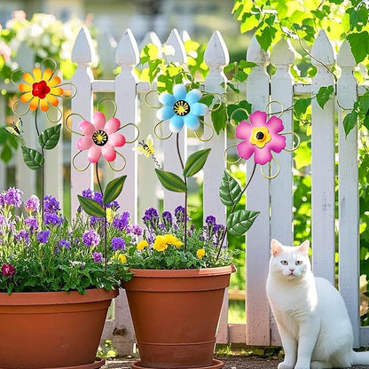 Metal Flowers for Outside, 15.85" 4-Pack Decorative Garden Stakes for Spring Garden Decor, Shaking Head Yard Art Decorations for Patio Porch Lawn Ornaments