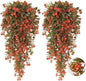 RECUTMS 2Pcs Fake Fall Plastic Outdoor Flowers Artificial Fall Hanging Plants Faux Greenery Vine Plant for Indoor Room Front Door Garden Porch Patio Wedding Party Decorations (Autumn Red)