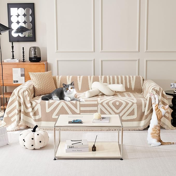 STACYPIK Khaki Beige Sofa Cover for Dogs Cats Boho Couch Cover for 3 Cushion Couch Soft Plaid Triangle Couch Cover Reversible Furniture Protector Loveseat Cover Non Slip Sectional Couch Cover-91X118IN