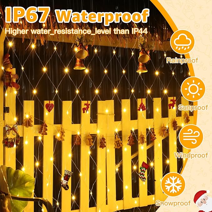 Ollny Net Lights Outdoor Mesh Light 10x7ft, 210LED Clear Wire Connectable Christmas Net Lights with 8 Modes, IP67 Waterproof Bush Light for Tree Wall Ceiling Outside Decorations, Warm White
