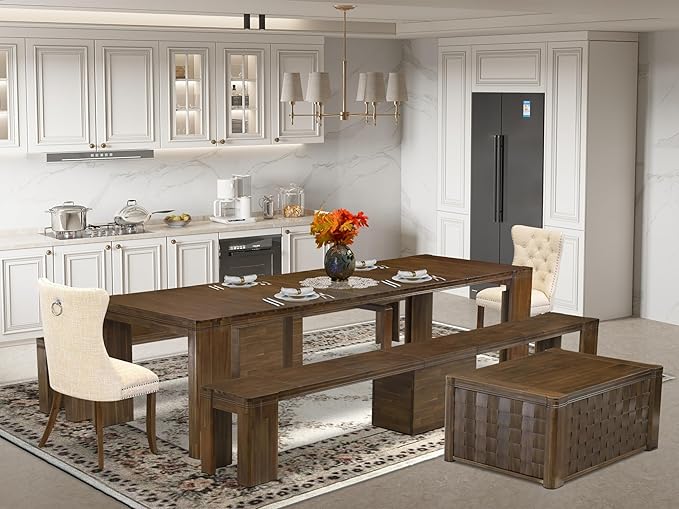 X02DA-2C8-32 6-Pc Dining Table Set includes an Extendable Rectangle Kitchen Table, 1 Coffee Table, 2 Polyester Dining Chairs and 2 Benches, 39x120 Inch, Antique Walnut