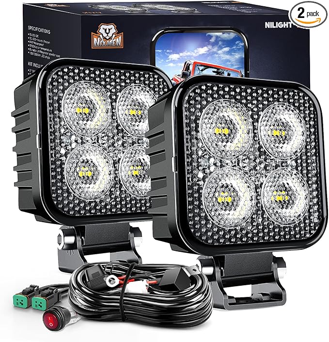 Nilight 2 PCS 3 Inch LED Pods Square 1500LM Built-in EMC Work Lights 90° Flood Beam Angle Offroad Side Light w/ 16AWG DT Wiring Kit for Tractor Truck Boat ATV UTV