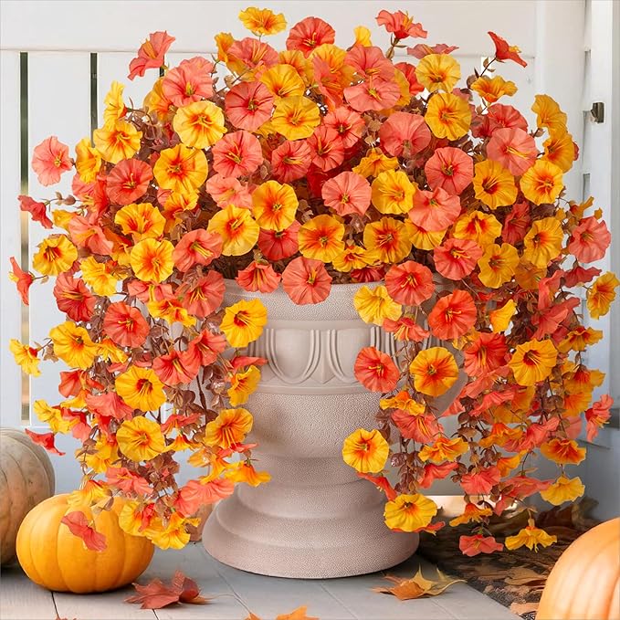 2 PCS Artificial Faux Fall Hanging Flowers Plants for Outdoor Decor,Fake Silk Morning Glory with Eucalyptus UV Resistant Mums for Wall Home Porch Patio Balcony Yard Indoor Decor (Fall Orange+Yellow)