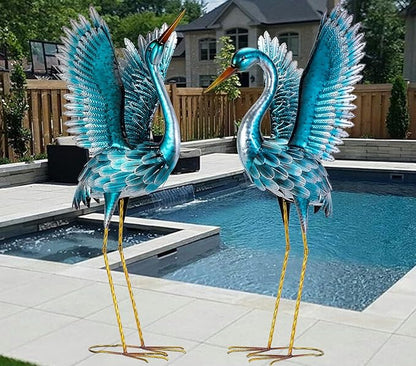 Natelf Garden Crane Statues for Outdoor, Blue Heron Decoy Courtyard Sculptures, Standing Metal Bird Yard Art for Patio Pond Backyard Decor(Set of 2)