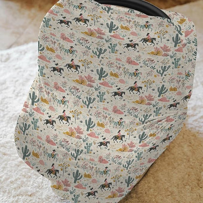 Vintage Western Cowgirl Baby Car Seat Covers Retro Cowgirl Horse Cactus Stretchy 5-in-1 Cover Adjustable Infant Carseat Canopy Cover Wild Desert Country Breathable Nursing Cover-Up