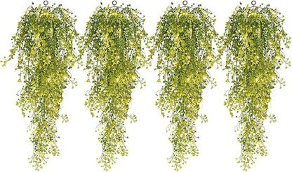 RECUTMS 4Pcs Artificial Hanging Ferns Plants with 30 Lights Fake Ivy Vine Faux Greenery Garland for Porch Fence Patio Yard Wedding Party Indoor Outdoor Decorations (Yellow)