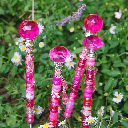 Exway 100 PCS DIY Fairy Wand Beaded Garden Stake Beads Kits with Rose Red Large Hole Beads 4 Crystal Stopper Top Threaded Rods and 4 Rose Red Sparkling Crystal Pendants for Outdoor Indoor Decor