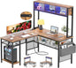 Unikito L Shaped Computer Desk with LED Strip and Power Outlets, Reversible L-Shaped Corner Desk with Storage Shelves and Bag, Rustic Brown