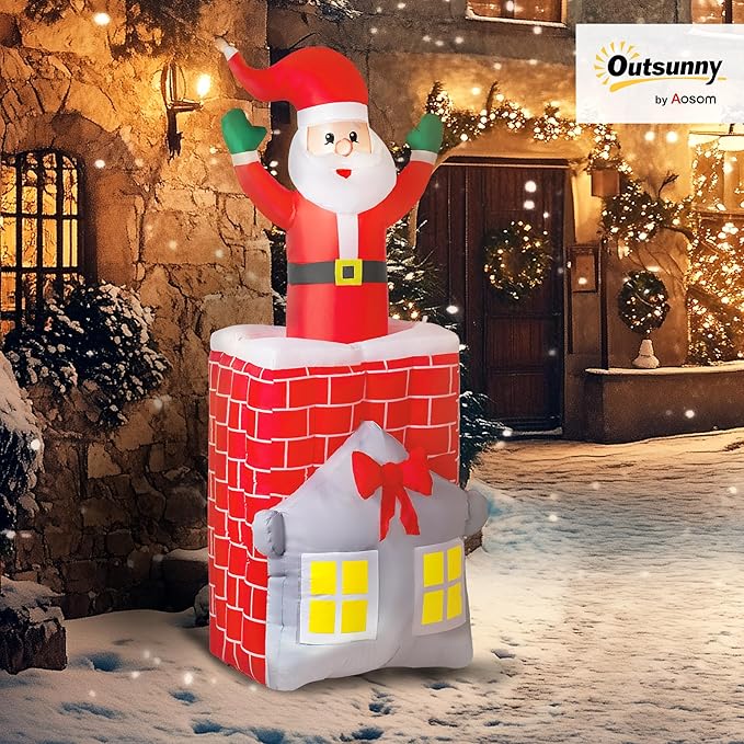 Outsunny 7FT Christmas Inflatable Santa in Chimney Up and Down, Outdoor Blow Up Santa Claus Christmas Decoration with Built-in LED Lights, Easy to Inflate for Indoor Party, Lawn, Garden, Holiday Decor