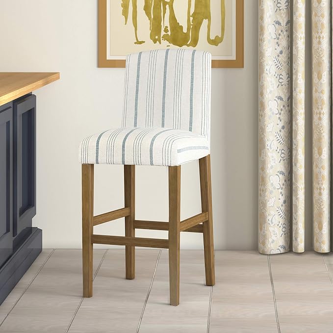 HomePop Parsons Classic Upholstered High Back Curved Top Barstool, 29-inch, Blue Calypso Stripe