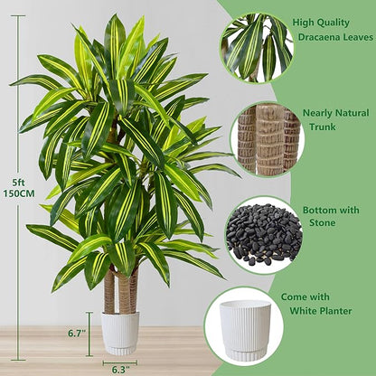 Artificial Dracaena Tree 5ft, Fake Yucca Plant with White Planter and Lifelike Leaves, Faux Dracaena Tall Floor Trees for Home Office Garden Décor